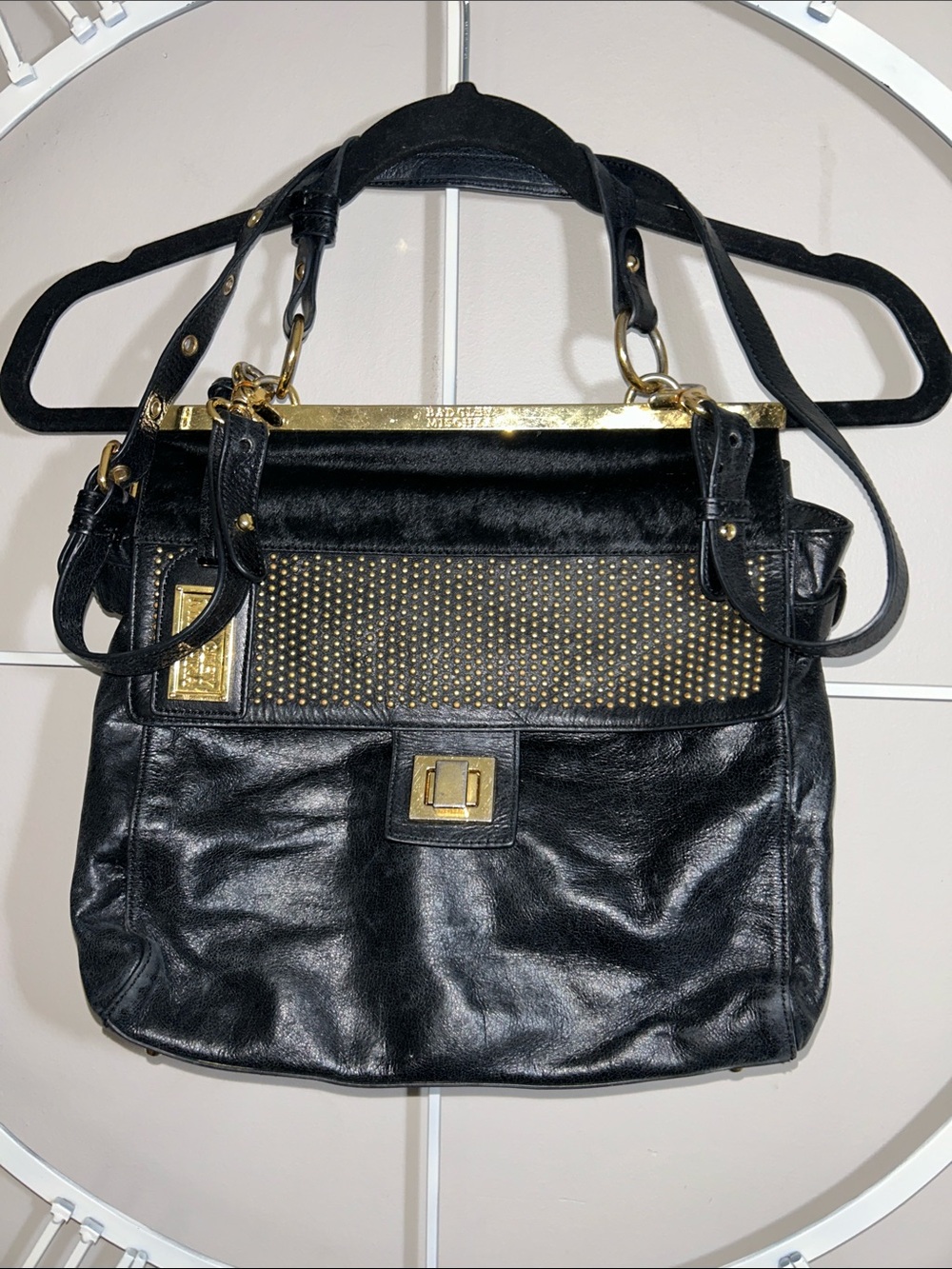 Badgley Mischka Holly Black Leather Sachel Shoulder Bag w Gold Stud Detailing